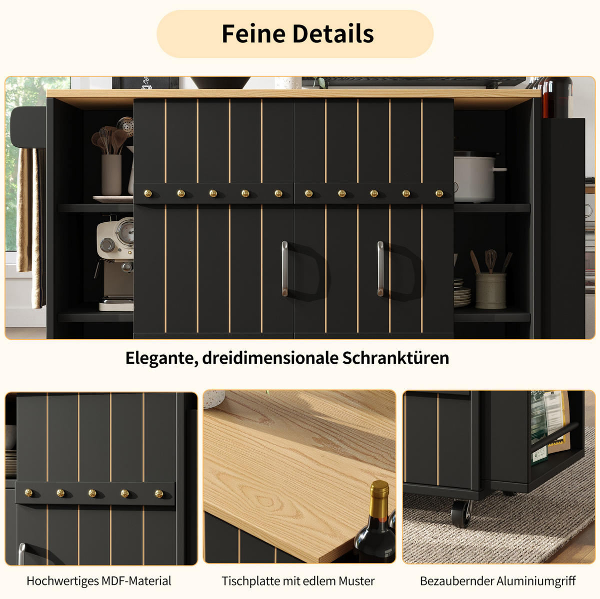 KÜCHENINSEL mit Klapptisch 110 x 42 x 90 cm MDF Schwarz - Schwarz, Holz (42/90/110cm) - Beauniv
