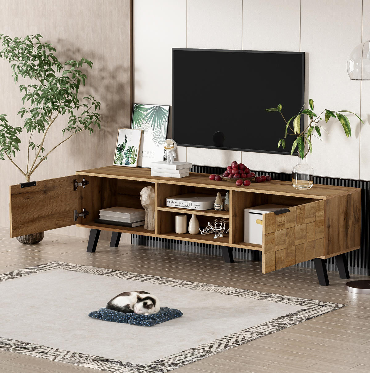 LOWBOARD 160,5/35,5/45 cm aus Spanplatte mit 2 Türen und 2 offenen Fächern Holzfarbe - Naturfarben, Holzwerkstoff (160.5/45/35.5cm) - Modenvie