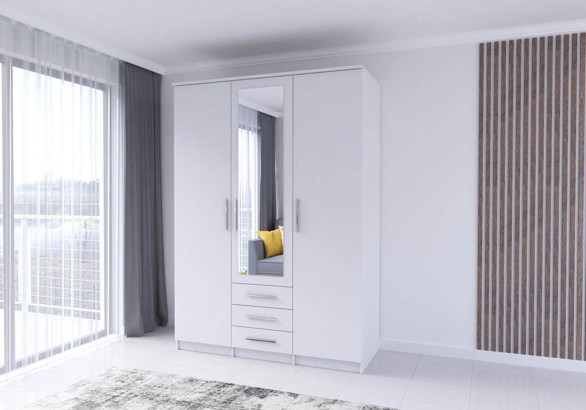 DREHTÜRENSCHRANK - RUTH 3D WEIß - Weiß, Holzwerkstoff/Metall (150/210/64cm) - Möblo