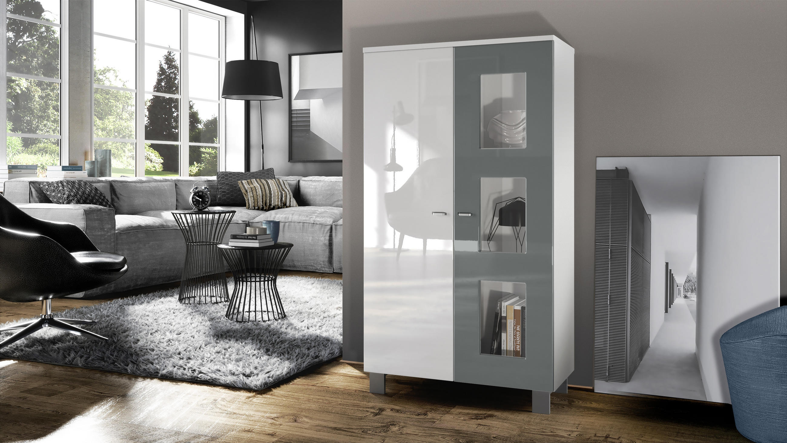 VITRINE Denjo Tür in Grau Hochglanz - Grau, Holzwerkstoff (71/129/35cm) - Vladon