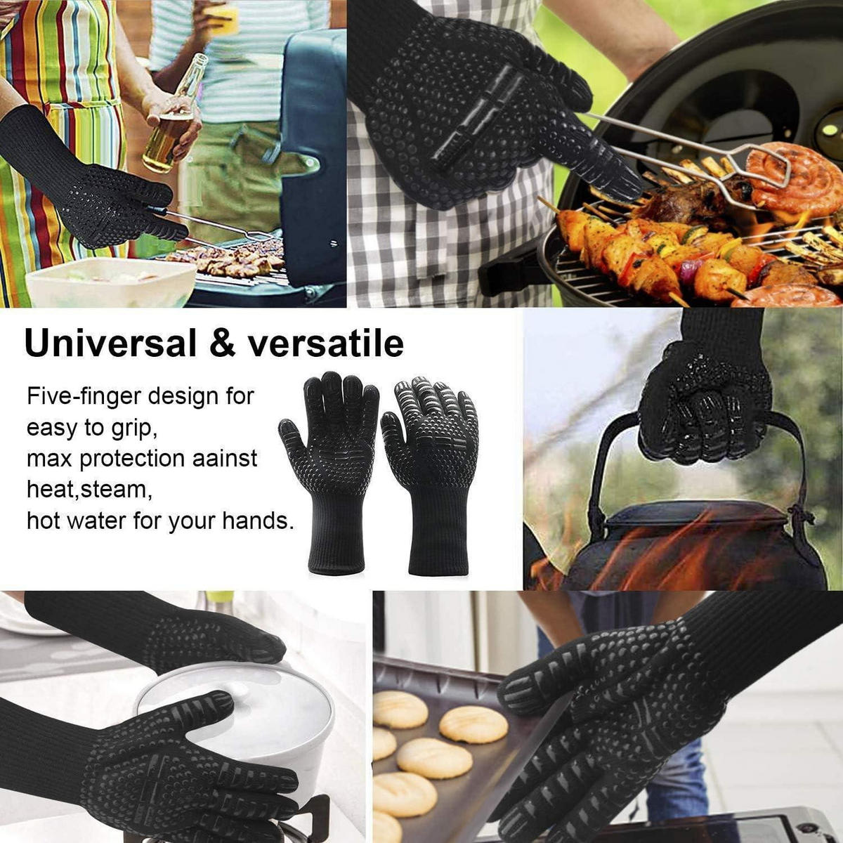 GRILLBESTECK-SET 9-teilig mit Grillhandschuhen Hitzebeständig bis 800°C Schwarz - Schwarz, Metall (38.5cm)