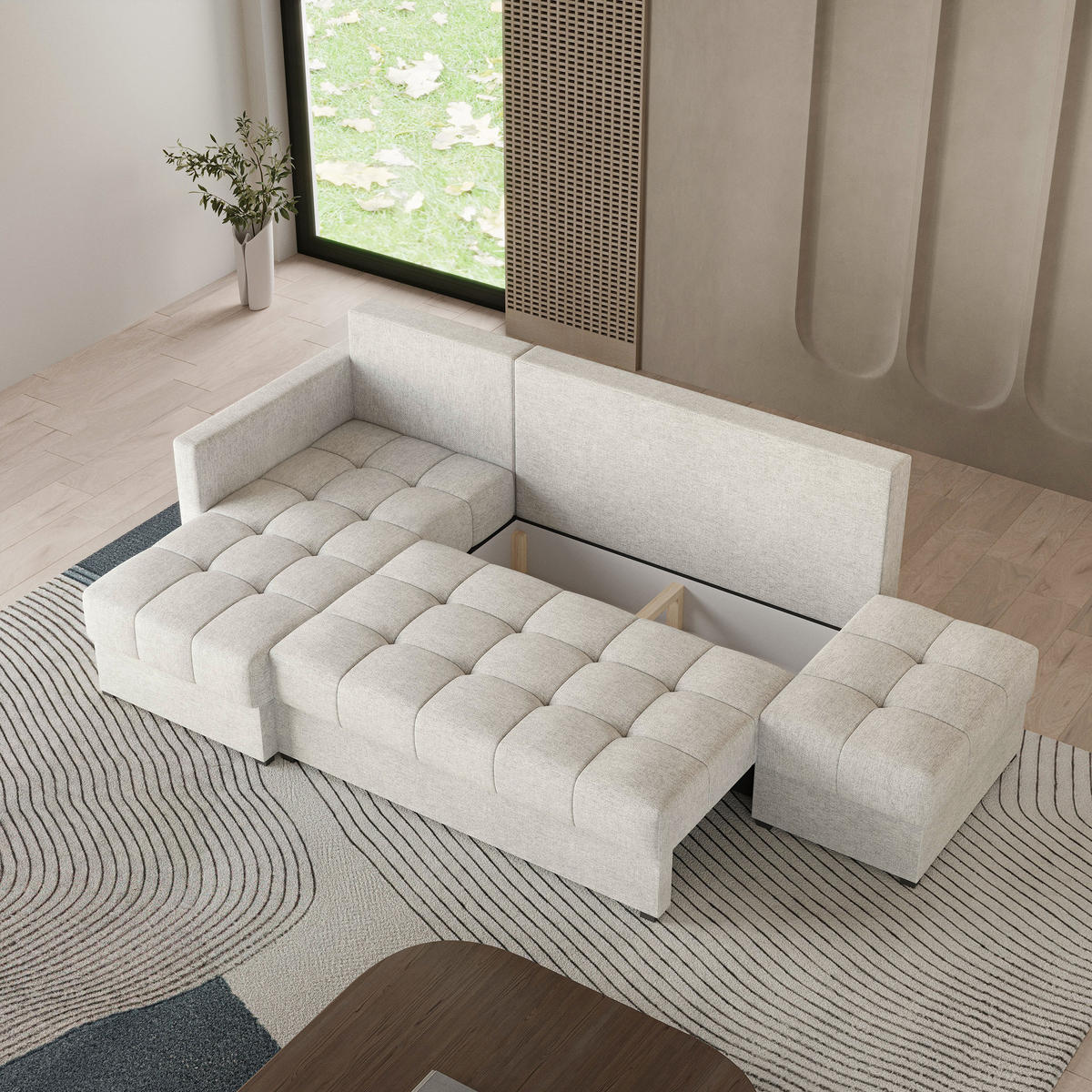 ECKSOFA LUMARI L-S Creme Plüsch-Stoff mit Schlaffunktion - Creme, Holz (261/143cm) - MASSENO