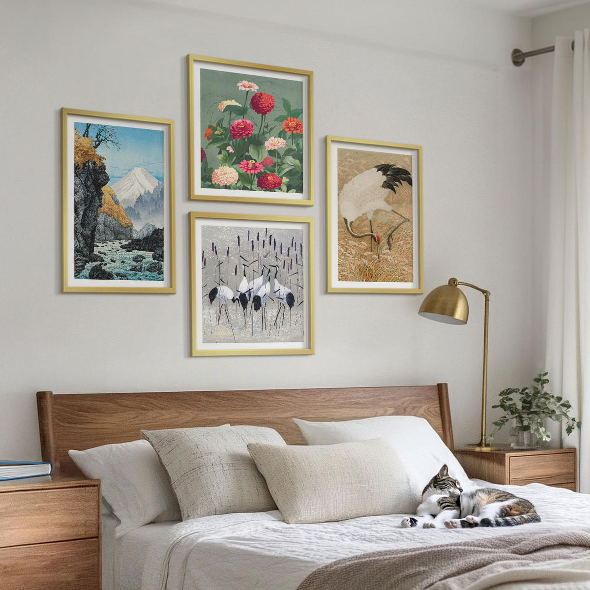 WANDBILDER 4er Set - 50x50 cm & 40x60 cm Goldrahmen - Berge, Fluss, Blumen, Kraniche - Goldfarben, Kunststoff (50/50cm) - ArtPrintCave