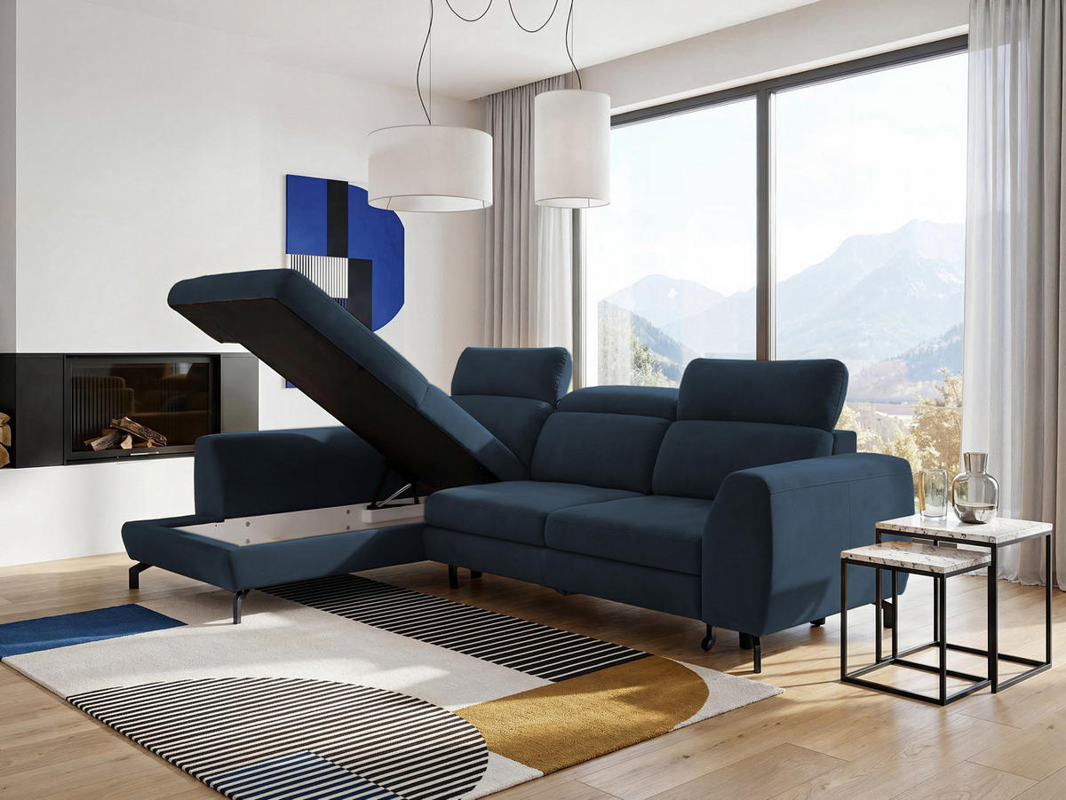 ECKSOFA ANTE Links, mit Schlaffunktion und Bettkasten, Marineblau - Dunkelblau, Textil/Metall (266/184cm) - Idohome