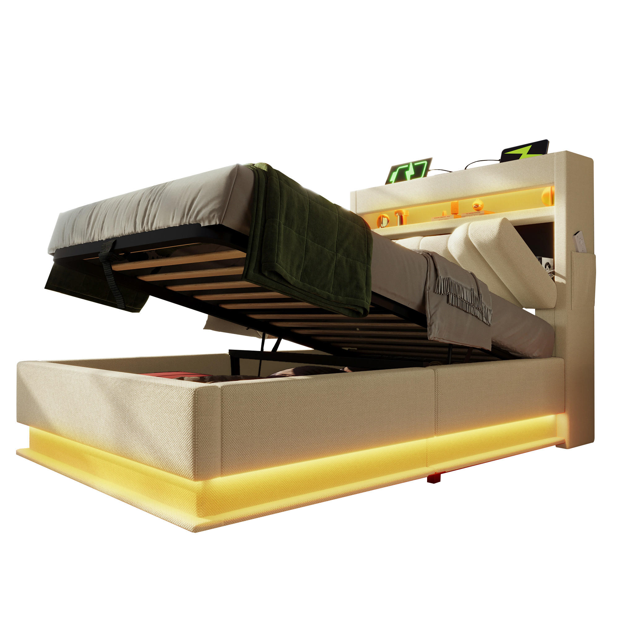POLSTERBETT 90/200 cm mit LED-Beleuchtung, USB- und Type-C-Anschluss sowie hydraulischem Stauraum,und Matratze, Beige - Beige, Textil (90/200cm) - Redom