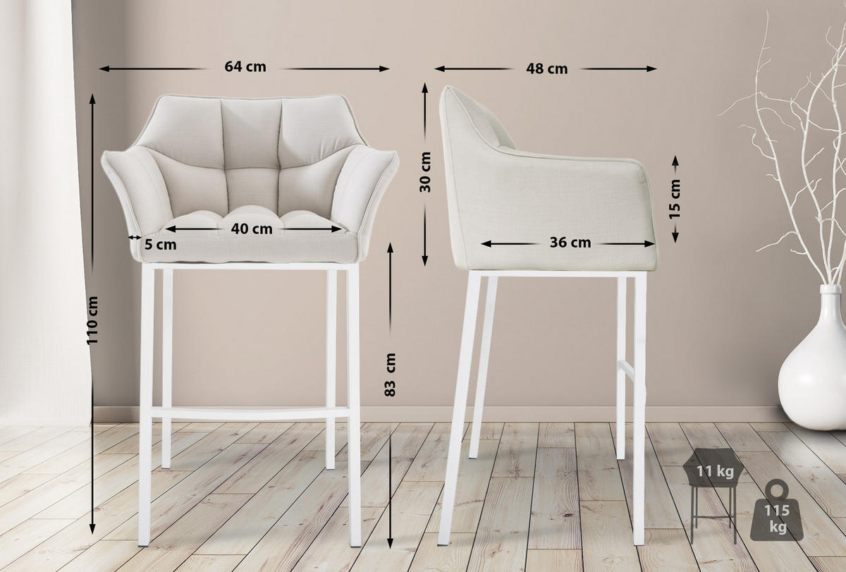 BARHOCKER Stoff Weiß - Weiß, Textil/Metall (64/110/48cm) - CLP