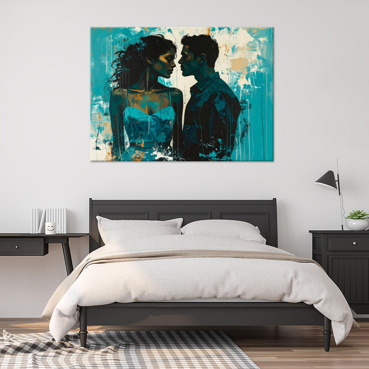 BILD auf Leinwand, Silhouetten von Liebenden in einer türkis-goldenen Komposition - Türkis, Textil (60/40cm) - Feeby