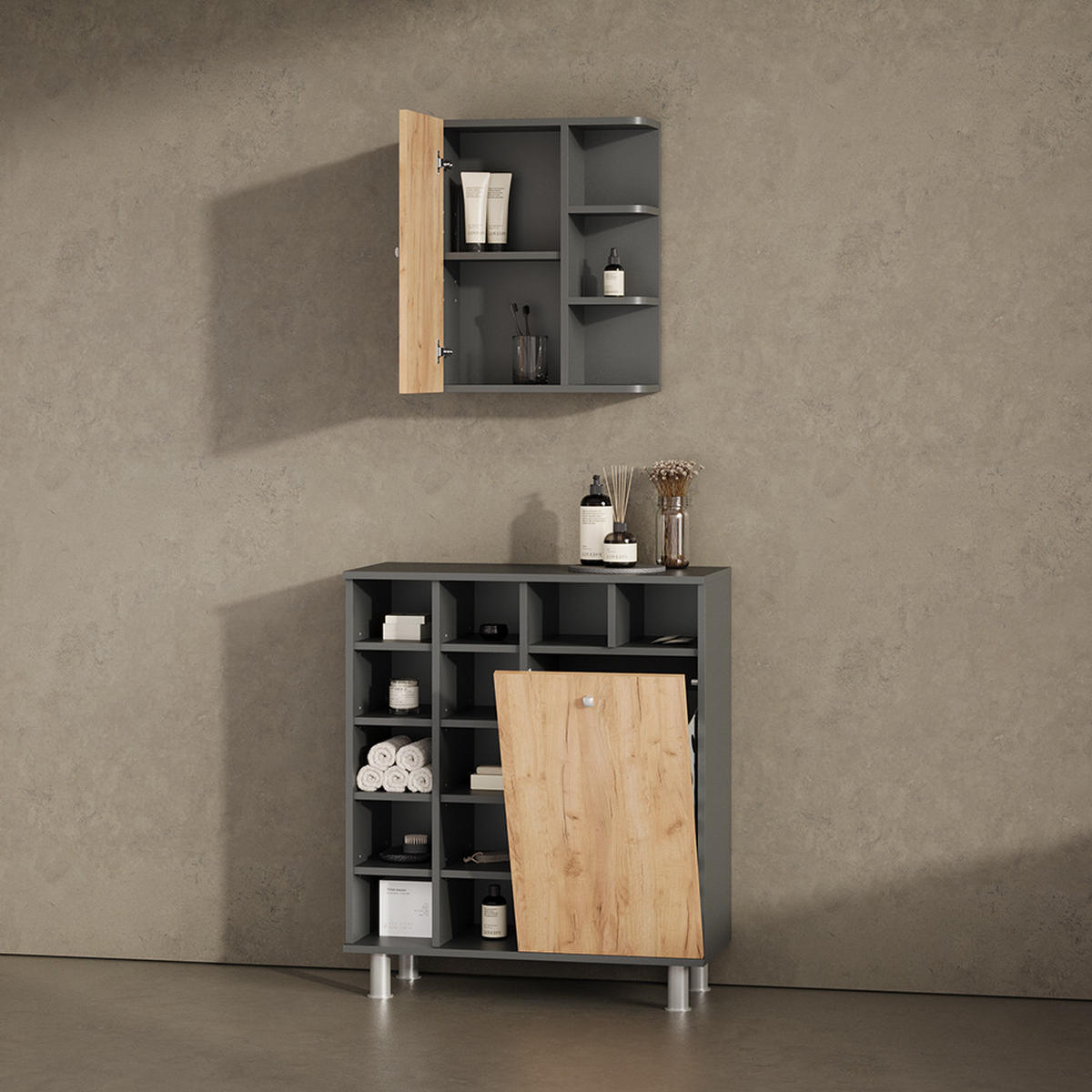 BADSCHRANK Fucino Anthrazit/Goldkraft Eiche 47.2 x 59.2 cm - Anthrazit/Eiche Wotan, Holzwerkstoff (47.2/59.2/20.8cm) - Livinity®