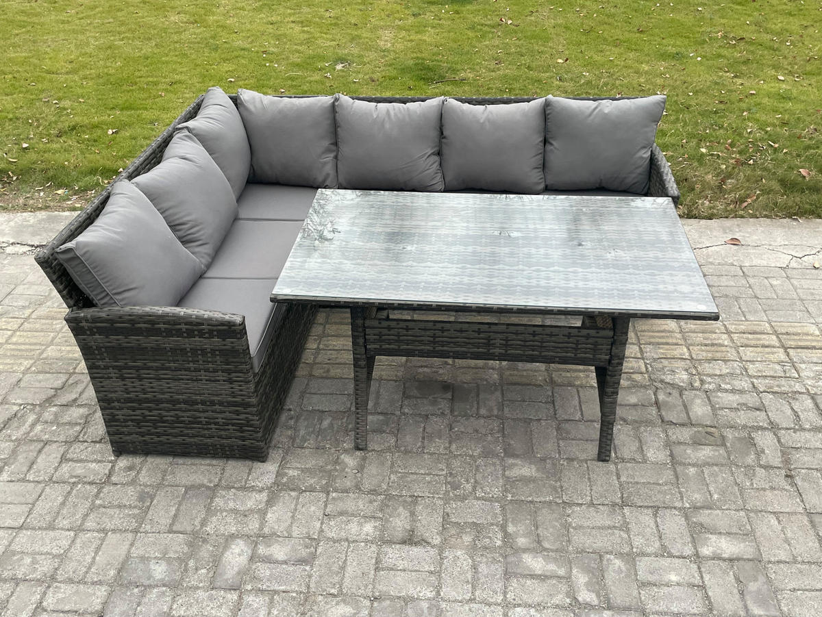 SITZGRUPPE mit Esstisch Polyrattan Dunkelgrau 6-Sitzer - Dunkelgrau/Grau, Glas/Kunststoff - Fimous
