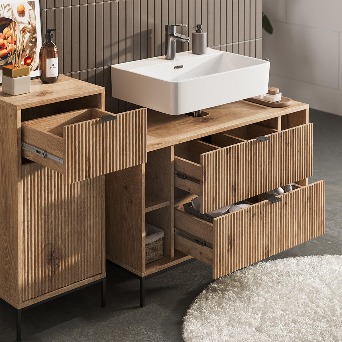 BADMÖBEL-SET Eliza Viking Oak 3 Teile - Eichefarben, Holzwerkstoff (100/63/45.1cm) - Vicco