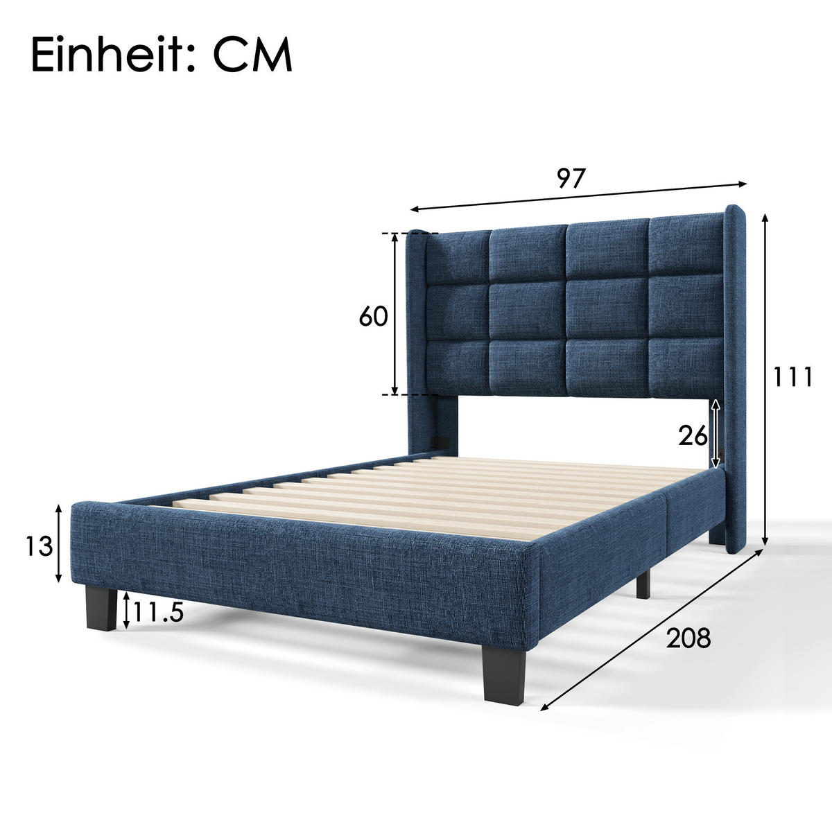 POLSTERBETT aus Leinen 90x200 cm in Blau mit Lattenrost - Blau, Textil (90/200cm) - Modfu