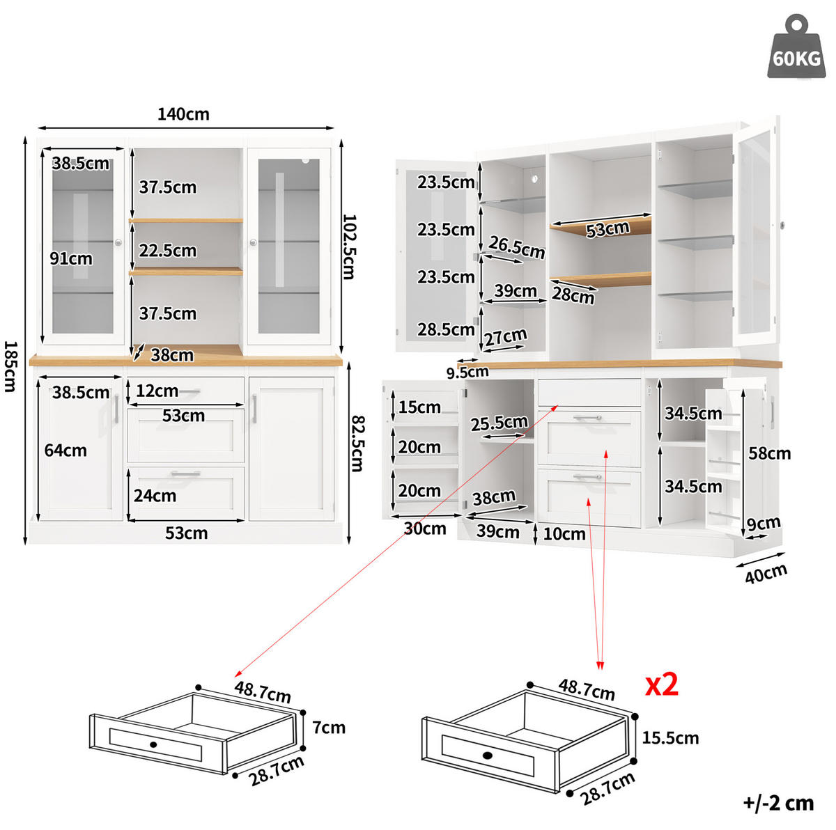 KÜCHENSCHRANK mit LED-Beleuchtung 140 x 40 x 185 cm MDF White 4-tlg. - Weiß, Holzwerkstoff (40/185/140cm) - Meubliv