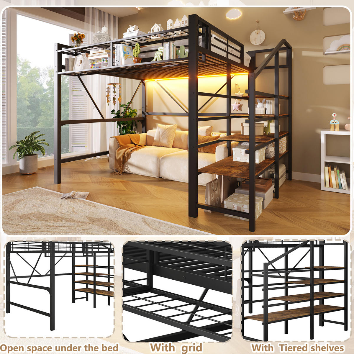 HOCHBETT 140/200 cm Schwarz aus Metall mit LED und Ablageregal ohne Matratze - Schwarz, Metall (140/200cm) - MIVRAY