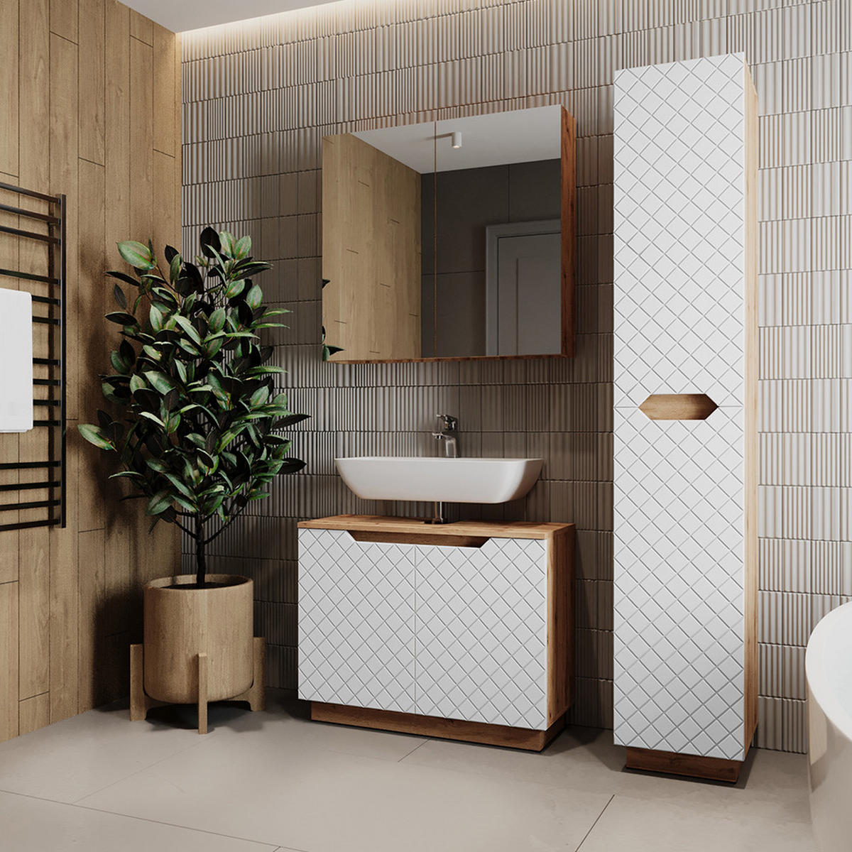 KOUPELNOVÝ NÁBYTEK Lotta Dub/bílá se strukturou dlaždic - bílá, kompozitní dřevo (79.6/62.5/32cm) - Vicco