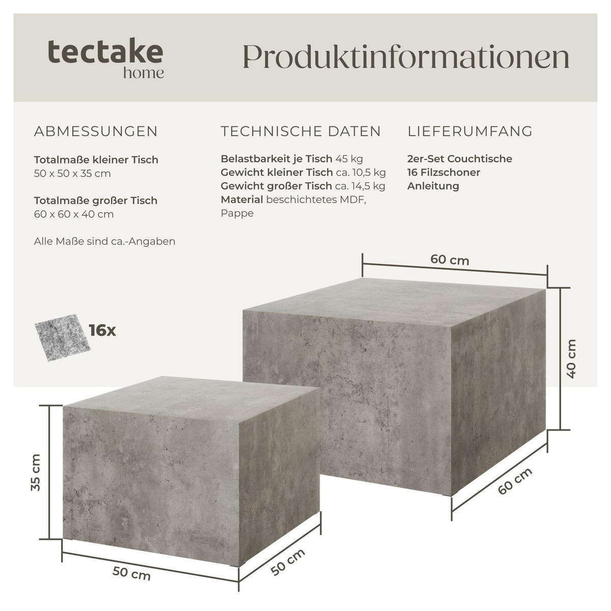 COUCHTISCH 2er Set Lacey, inkl. Filzschoner, Belastbarkeit 45 kg, Beton Optik - Grau, Holz (60/60/40cm) - tectake