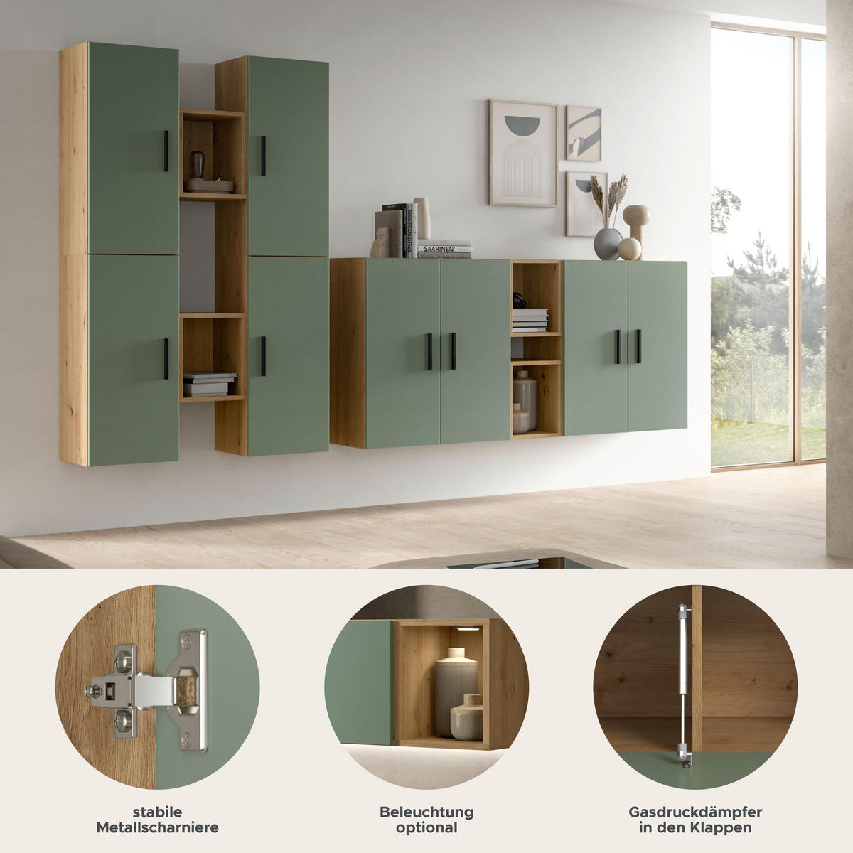 WOHNWAND Primo 4 tlg. (B/H/T: ca. 270/182/34 cm) in Artisan Oak /Smoke Green - Eiche Artisan, Holzwerkstoff (270/182/34cm)