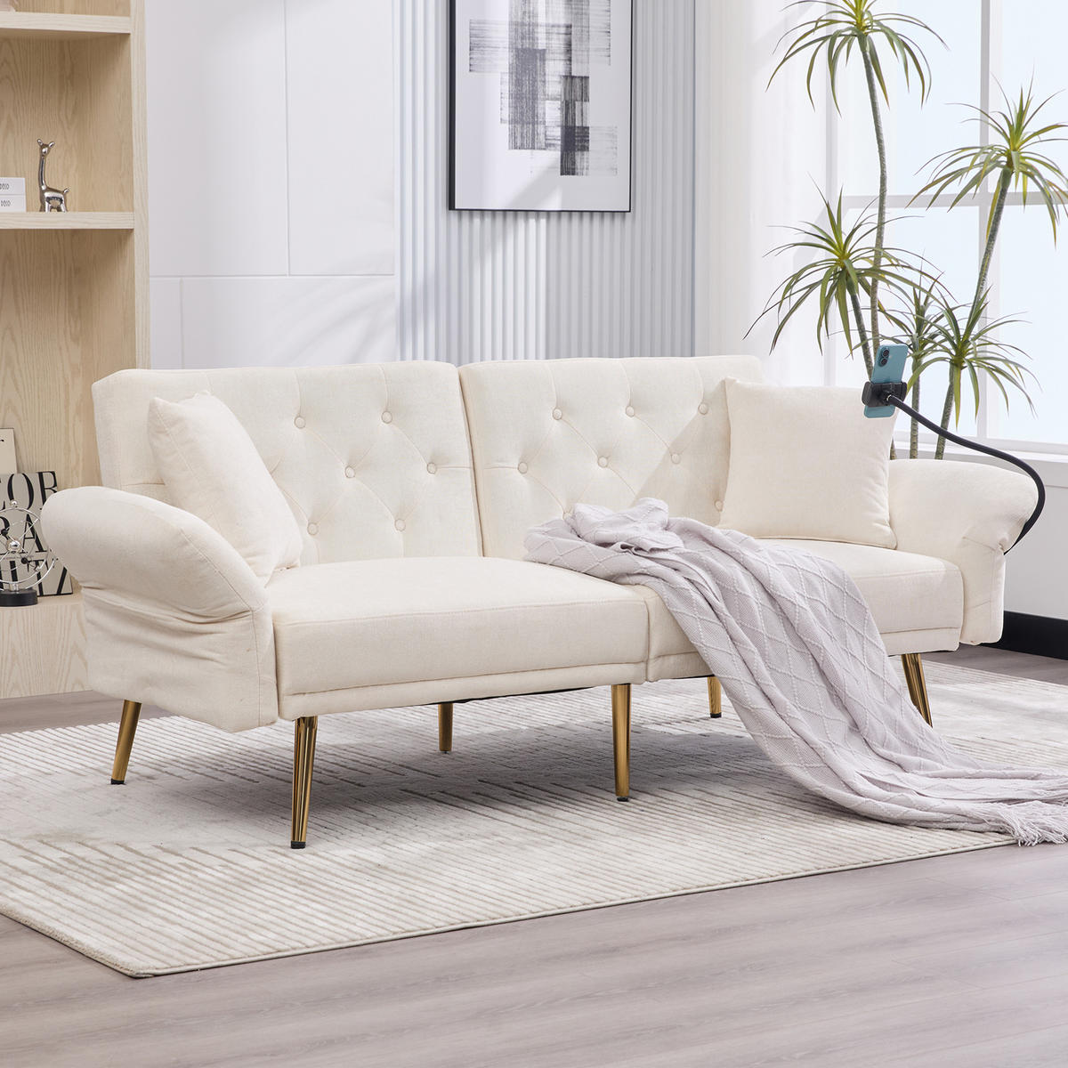 2-SITZER-SOFA mit zwei USB-Anschlüssen, Handyhalterung, verstellbarer Rückenlehne und Metallfüßen – Beige - Beige, Textil (78/78/173cm) - KOMHTOM