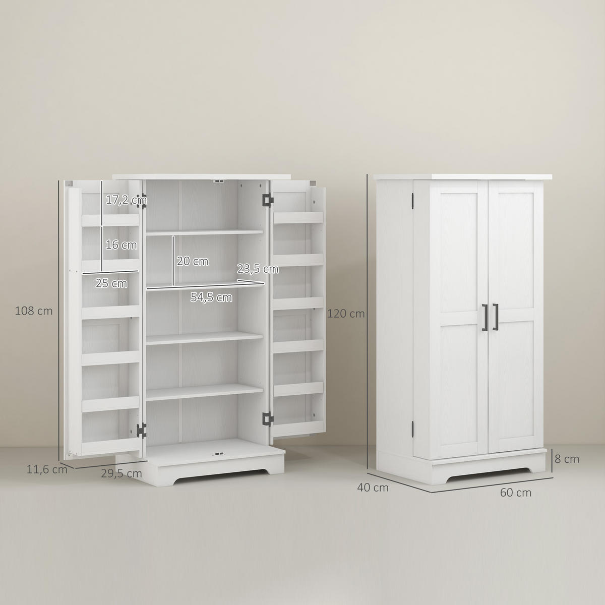 MEHRZWECKSCHRANK DE-11107 5 Ebenen mit verstellbaren Böden & Türregalen Creme - Creme, Holzwerkstoff (40/120/60cm) - ComfortXL