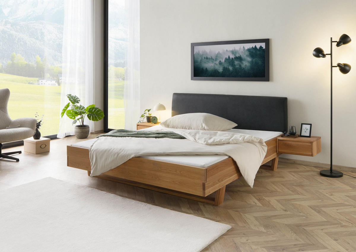 BETT mit Nachttisch Massivholz Eiche 160 x 200 x 86 natur FICHTELBERG #34 - Anthrazit/Naturfarben, Holz (160/200cm) - Massivmoebel24