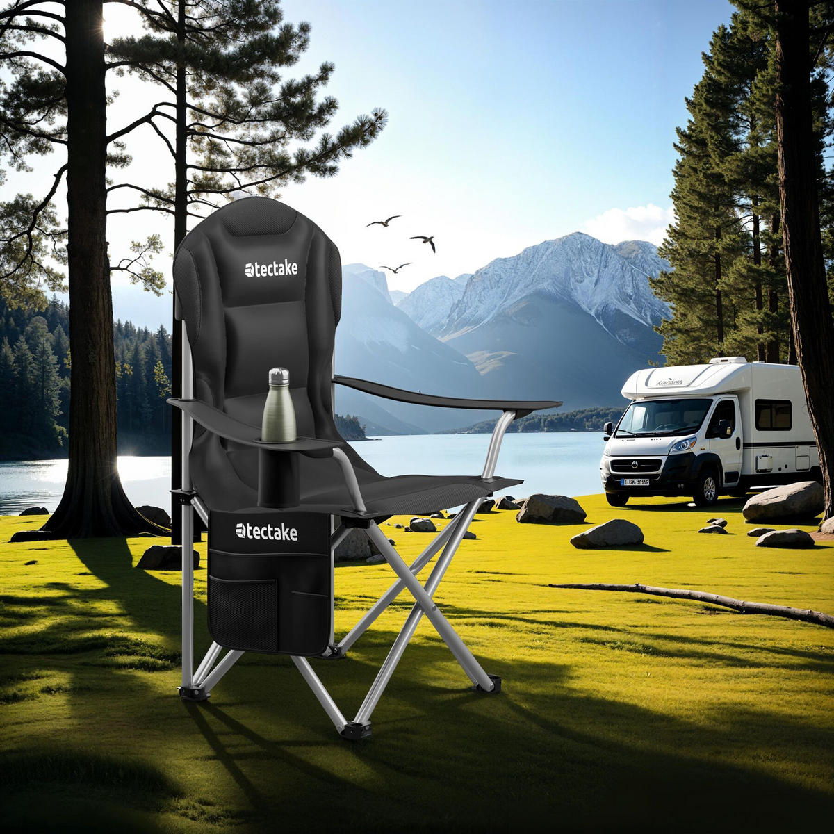 CAMPINGSTUHL 2er Set gepolstert Mtx,88,5 x 55 x 103 cm, Belastbarkeit 120 kg,schwarz - Schwarz, Textil (88.5/103/55cm) - tectake