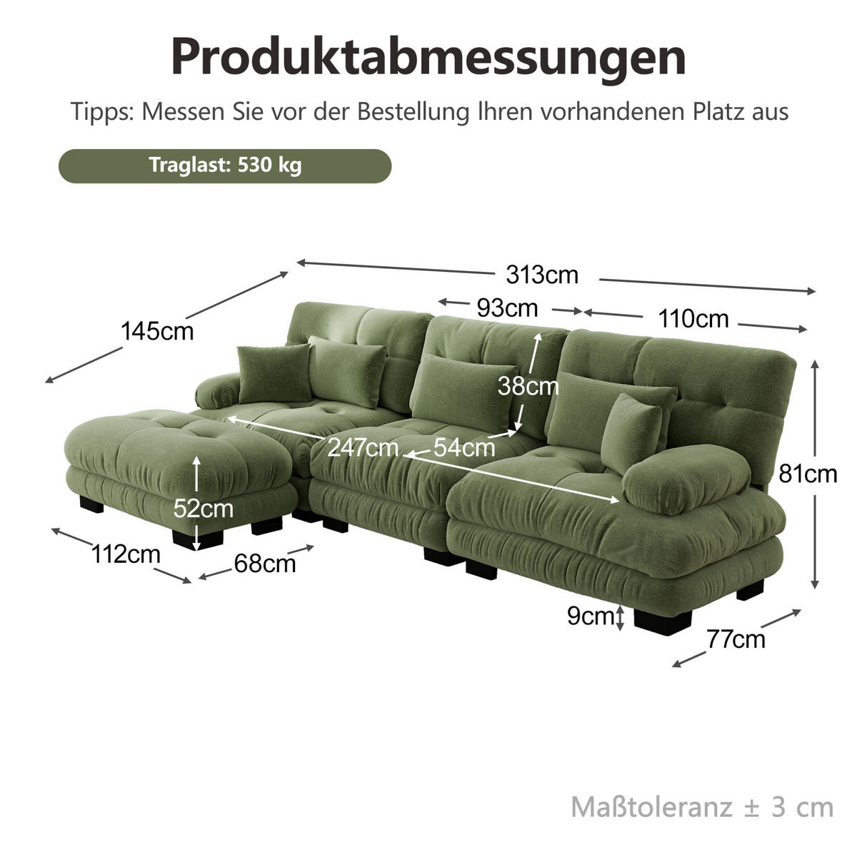 ROHOVÁ sedačka zo ženilky zelená, 313/145 cm - zelená, textil (145/313cm) - Flora Grace