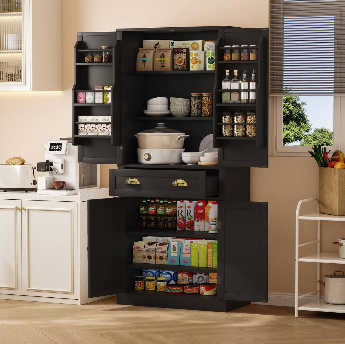VORRATSSCHRANK mit 4 Türen und 1 Schublade 80 x 40 x 182 cm MDF Schwarz - Schwarz, Holzwerkstoff (40/182/80cm) - Meubliv