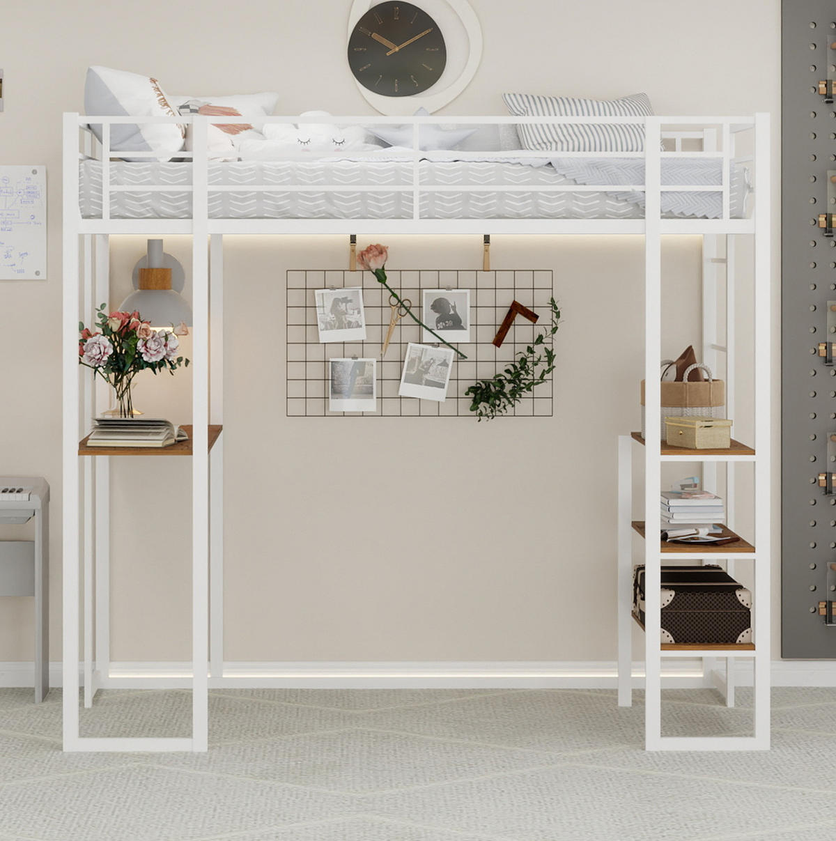 HOCHBETT 90/200 cm weiß aus Eisen mit Schreibtisch und beidseitiger Leiter - Weiß, Metall (90/200cm) - OKWISH
