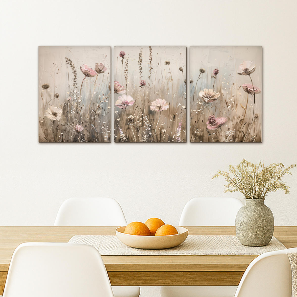 LEINWANDBILD 3er Set Blumen - Beige - Modern - Rosa 90x40 cm - Ecru, Textil (90/40cm) - MuchoWow