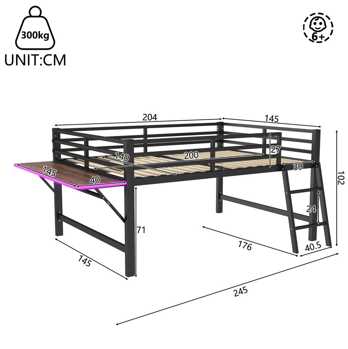 HOCHBETT mit Schreibtisch 140/200 cm in Schwarz – aus Metall mit Leiter - Schwarz, Metall (140/200cm) - BEAOK
