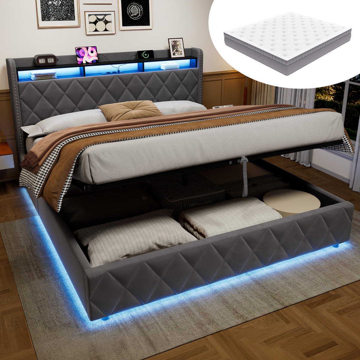 POLSTERBETT 180×200 mit LED-Beleuchtung, Bettkasten und Matratze - Grau, Holzwerkstoff/Textil (180/200cm) - EVRYAE