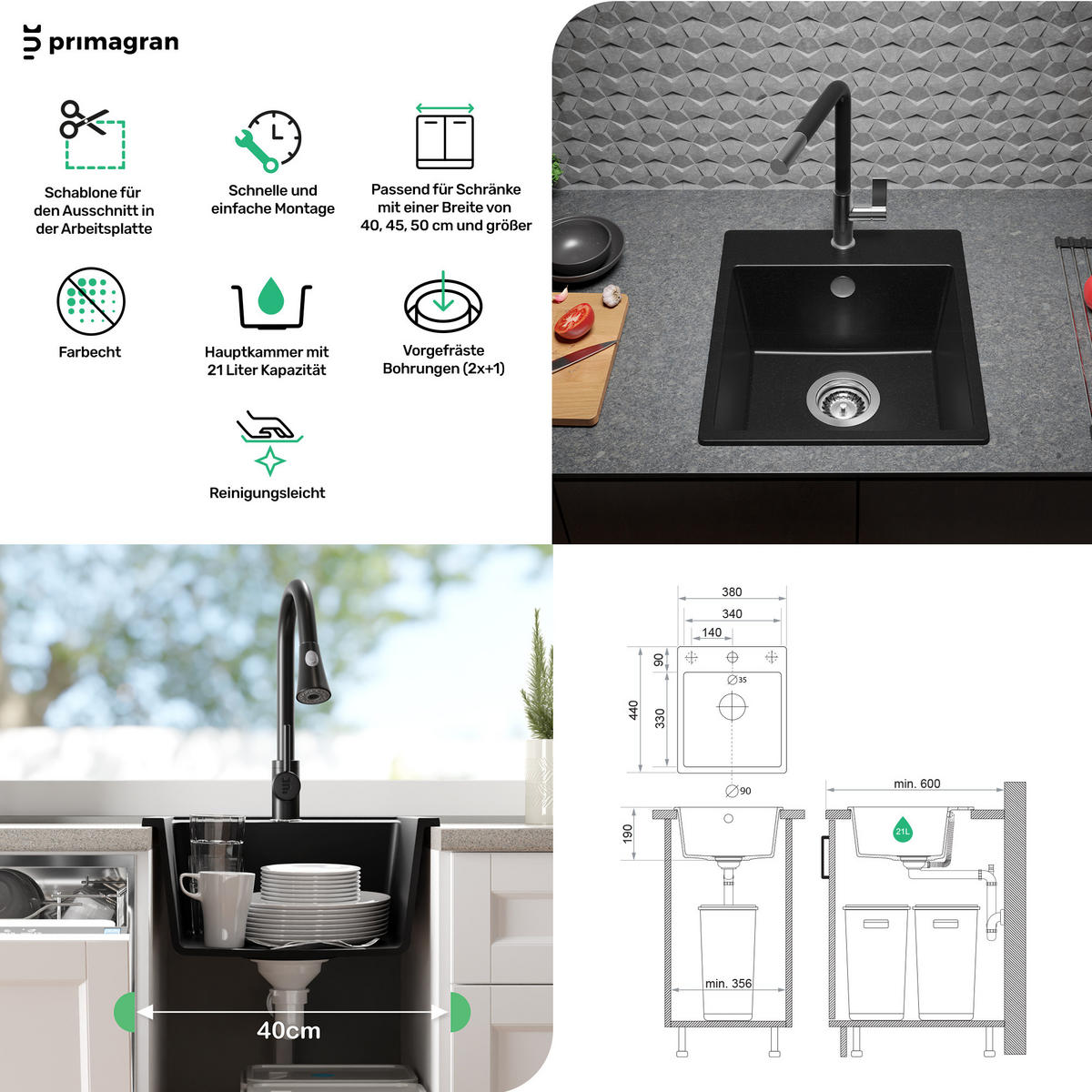 SPÜLBECKEN Riga Easy, 2-er set Weiß 38/44 cm 1 Becken + Ablauf-Set ab 40er Unterschrank - Chromfarben/Weiß, Kunststoff (38/19/44cm) - Primagran