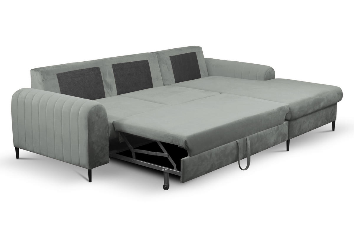 ECKSOFA VERONA R-S Grau Velours-Stoff mit Schlaffunktion - Grau, Holz (251/164cm) - MASSENO