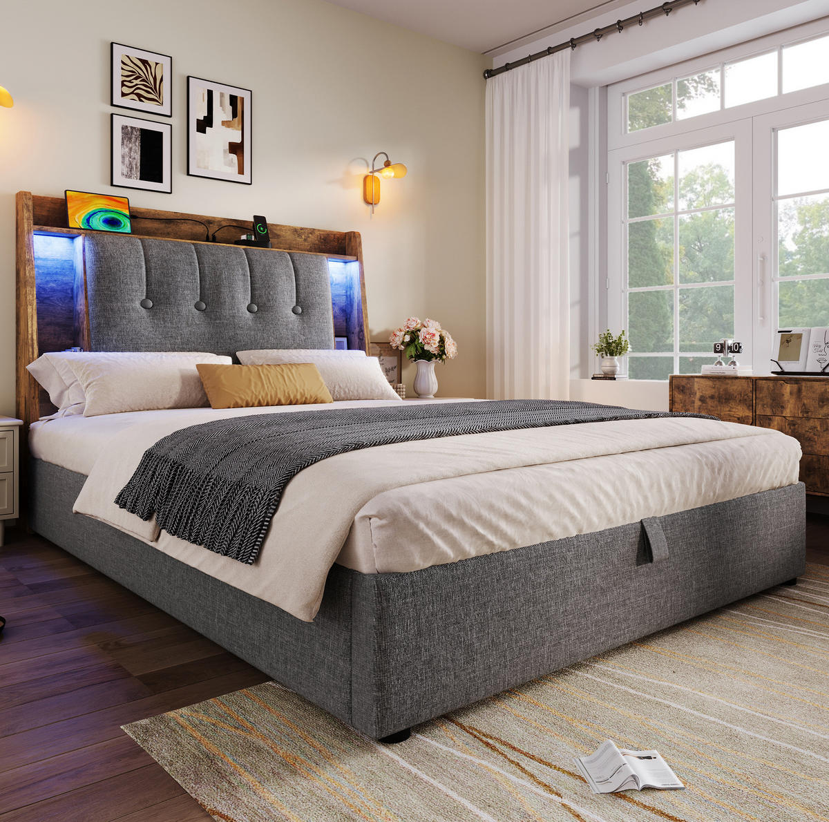 POLSTERBETT 90/200 cm Grau mit USB- und Type-C-Anschlüssen und LED-Beleuchtung - Grau, Textil (90/200cm) - OKWISH