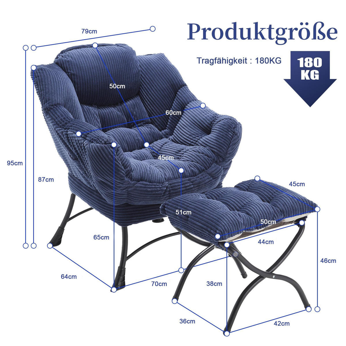 LOUNGESESSEL Relaxsessel mit Hocker,dicke Polsterung,Blau - Blau, Metall (70/95/64cm) - LVHOM