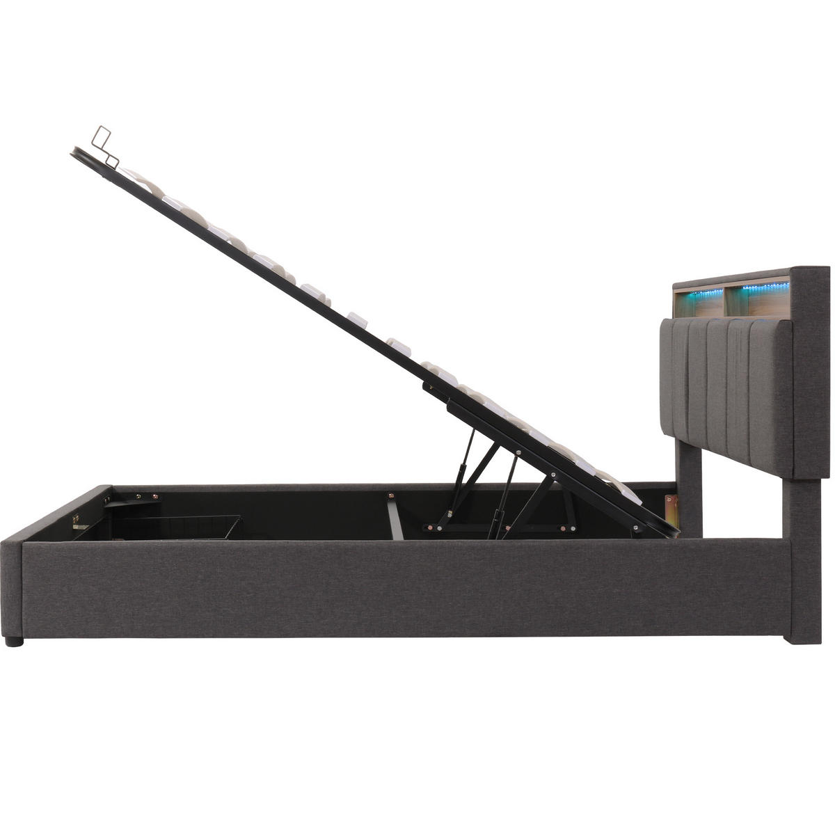 POLSTERBETT 180x200 cm LED Schubladen Stauraum Kopfteil Leinen grau - Grau, Holz (180/200cm) - LEBENLANG