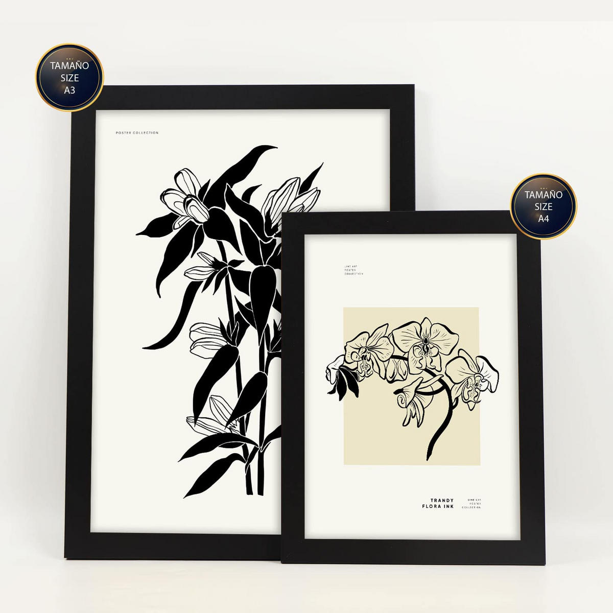 POSTER Set Mit 6 In Schwarzer Tinte Orchideen A3 & A4 Schwarzer Rahmen - Schwarz, Papier (29/3cm) - Nacnic