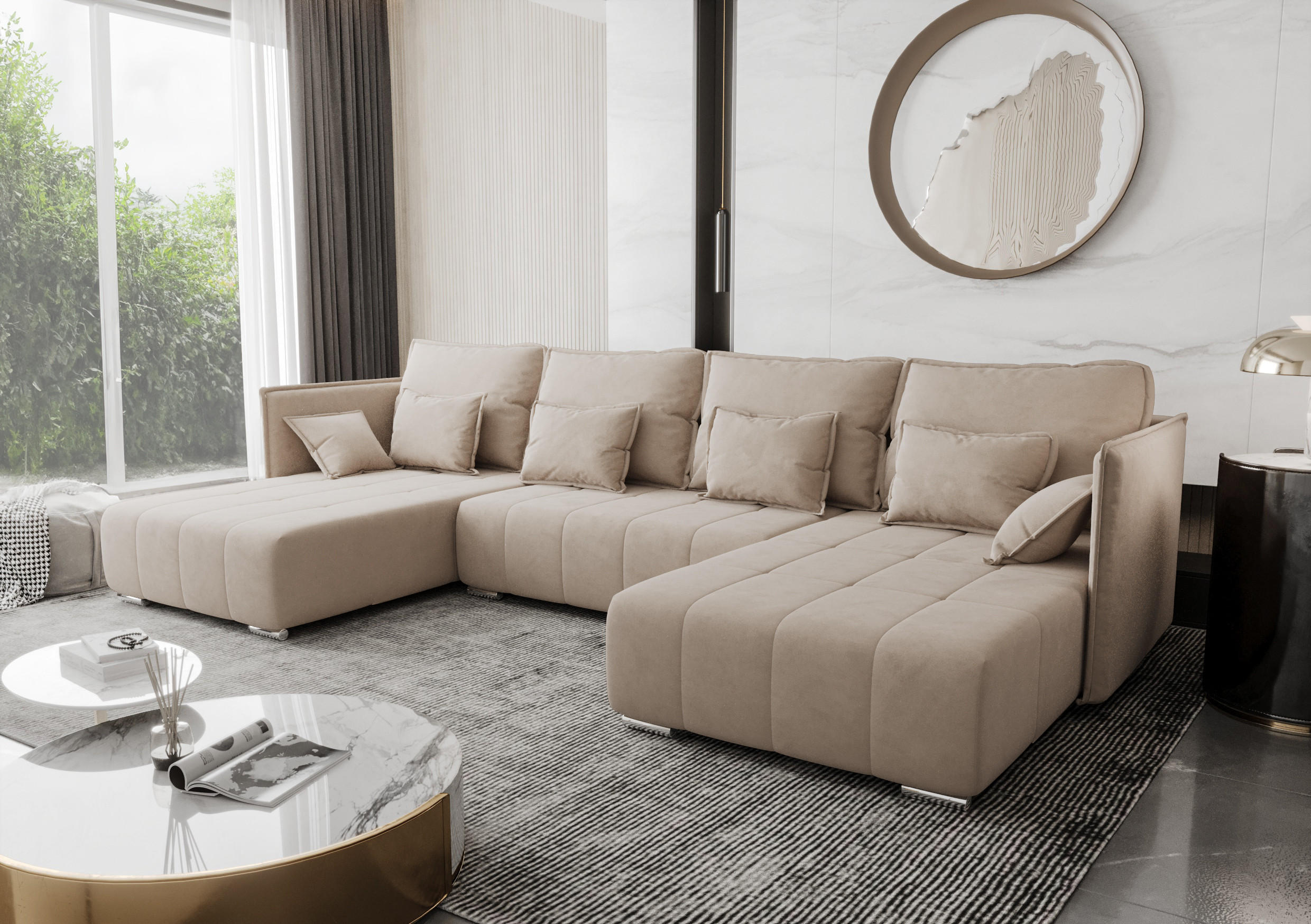 WOHNLANDSCHAFT Florinna Beige 345/182/87 cm mit Schlaffunktion - Chromfarben/Beige, Textil/Metall (345/87/182cm) - AX Living