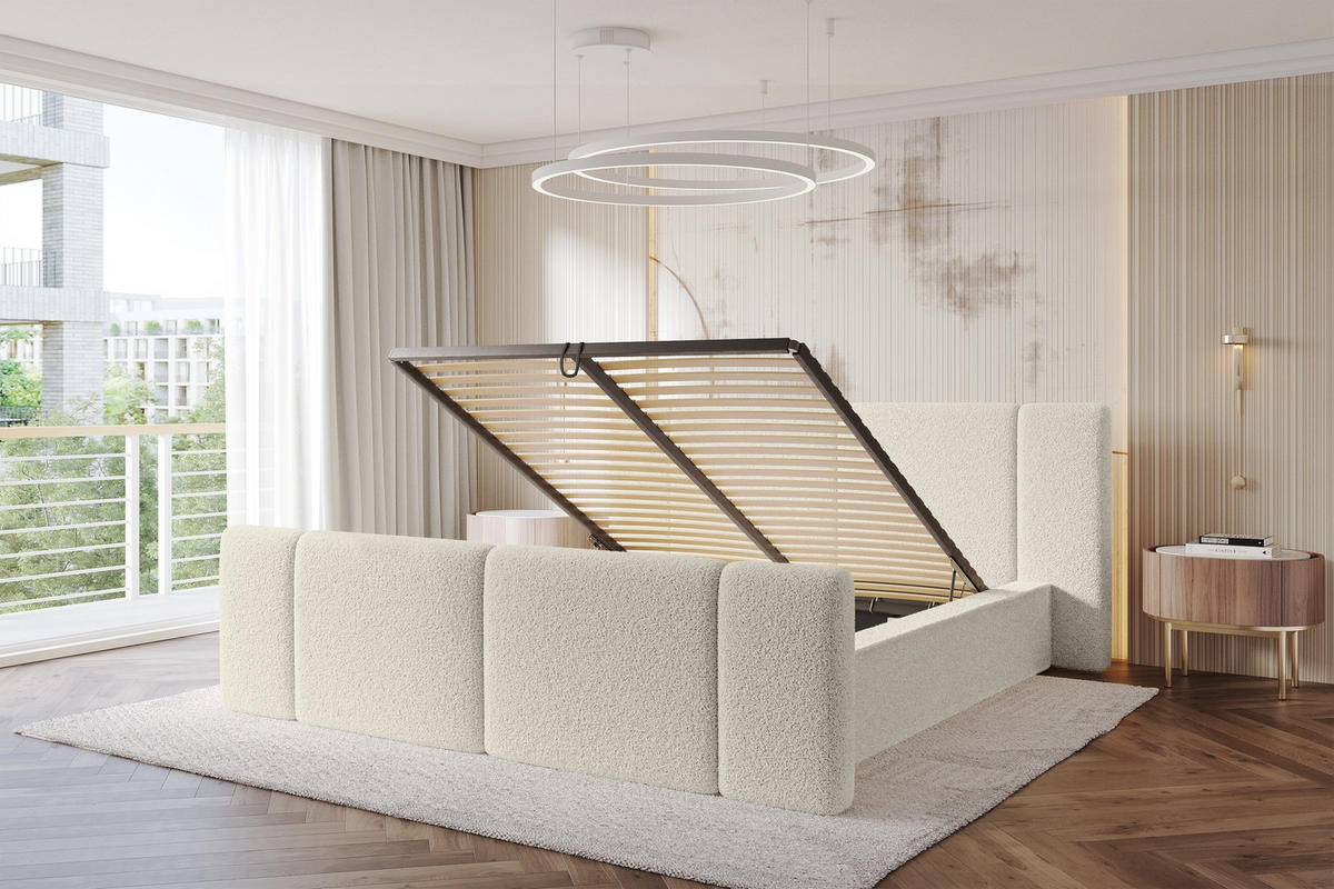 POLSTERBETT mit Bettkasten, Fußteil und Lattenrost, Bett mit Matratze H3/H4 - RIVO-Z 180x200 Beige - Champagner, Holzwerkstoff/Textil (180/200cm) - ALTDECOR