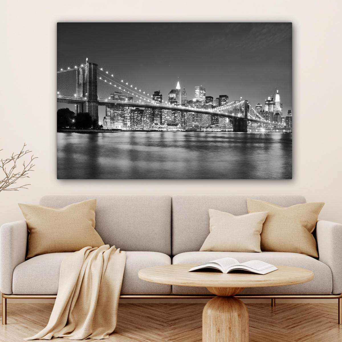OBRAZ NA PLÁTNE New York - Most - Brooklyn - Čiernobiely - Architektúra 120x80 cm - čierna, textil (120/80cm) - MuchoWow