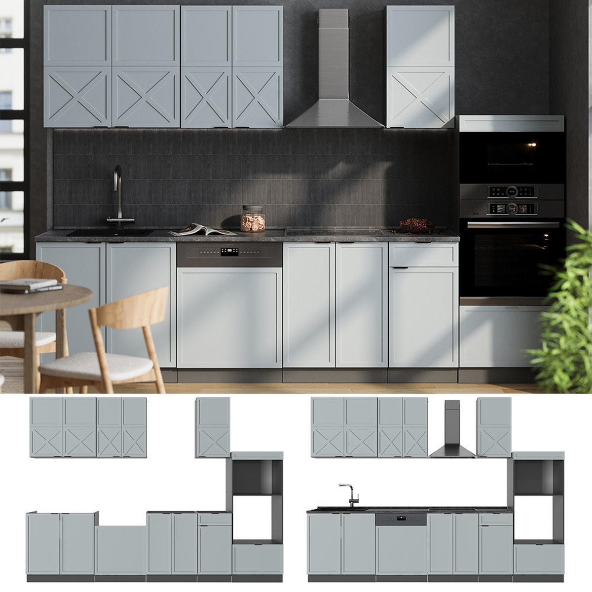 KUHINJSKI BLOK Fame-Line, Svetlo modro-siva/Antracit, 300 cm z visoko omaro, brez delovne plošče - svetlo modra/antracit, leseni material (300/153.6/46cm) - Vicco
