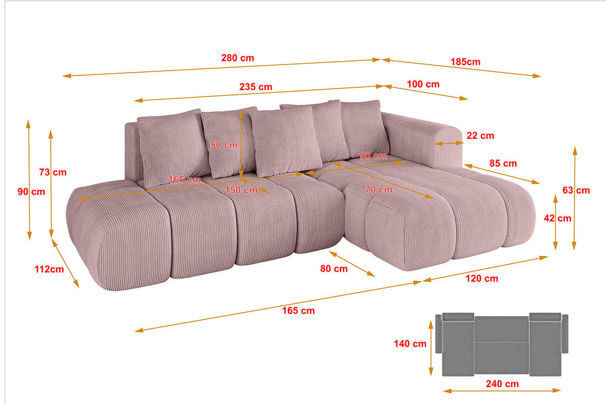 ECKSOFA Ottomane Rechts CLOUD-L-v1 280x185x90 Rosa Cord - Rosa, Holzwerkstoff/Kunststoff (185/280cm) - ALTDECOR