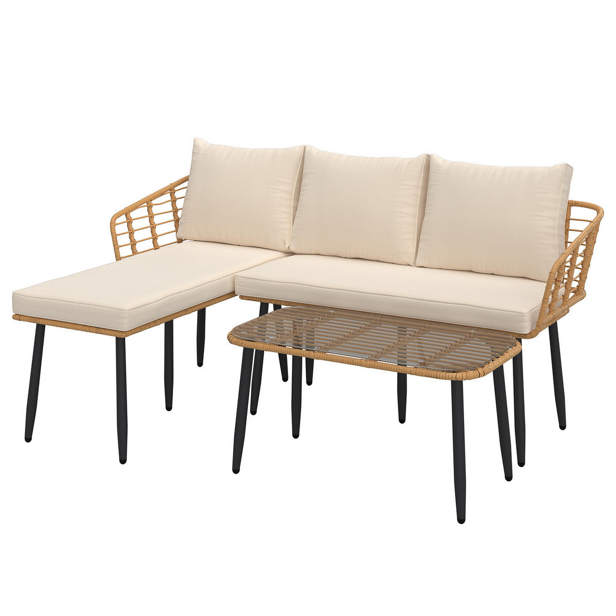 LOUNGESET - Polyrattan / Polyester - Braun / Creme - 3-teilig - Beige/Braun, Glas/Naturmaterialen - home24