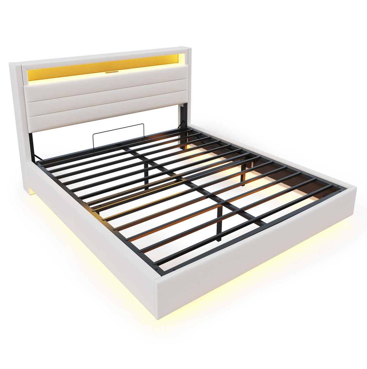 POLSTERBETT mit Bettkasten 160/200 cm mit LED-Beleuchtung und USB, Beige - Beige, Textil (160/200cm) - BEAOK