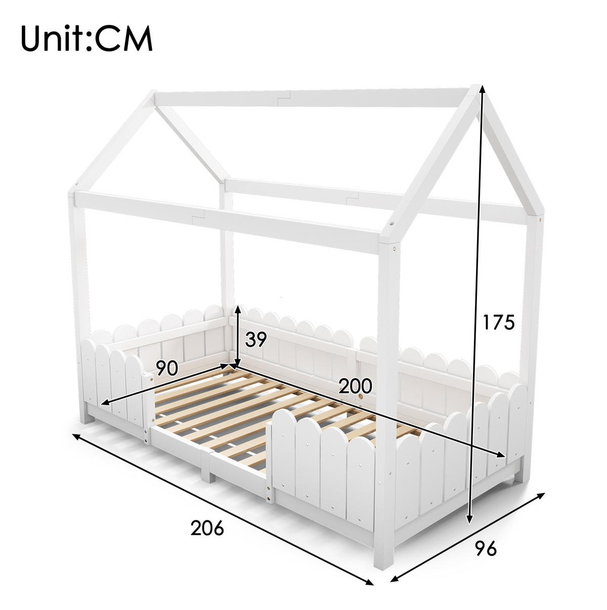 KINDERHAUSBETT 90/200 cm mit Rausfallschutz und Lattenrost aus Massivholz, Weiß - Weiß, Holz - Redom
