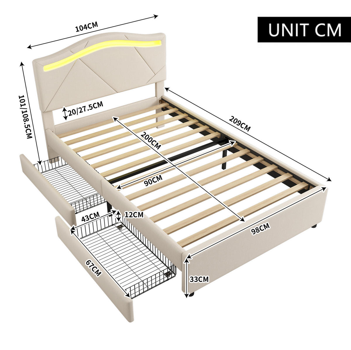 POLSTERBETT 90/200 cm mit LED-Beleuchtung, 2 Schubladen und verstellbarem Kopfteil aus Leinen, Beige - Beige, Textil (90/200cm) - Redom