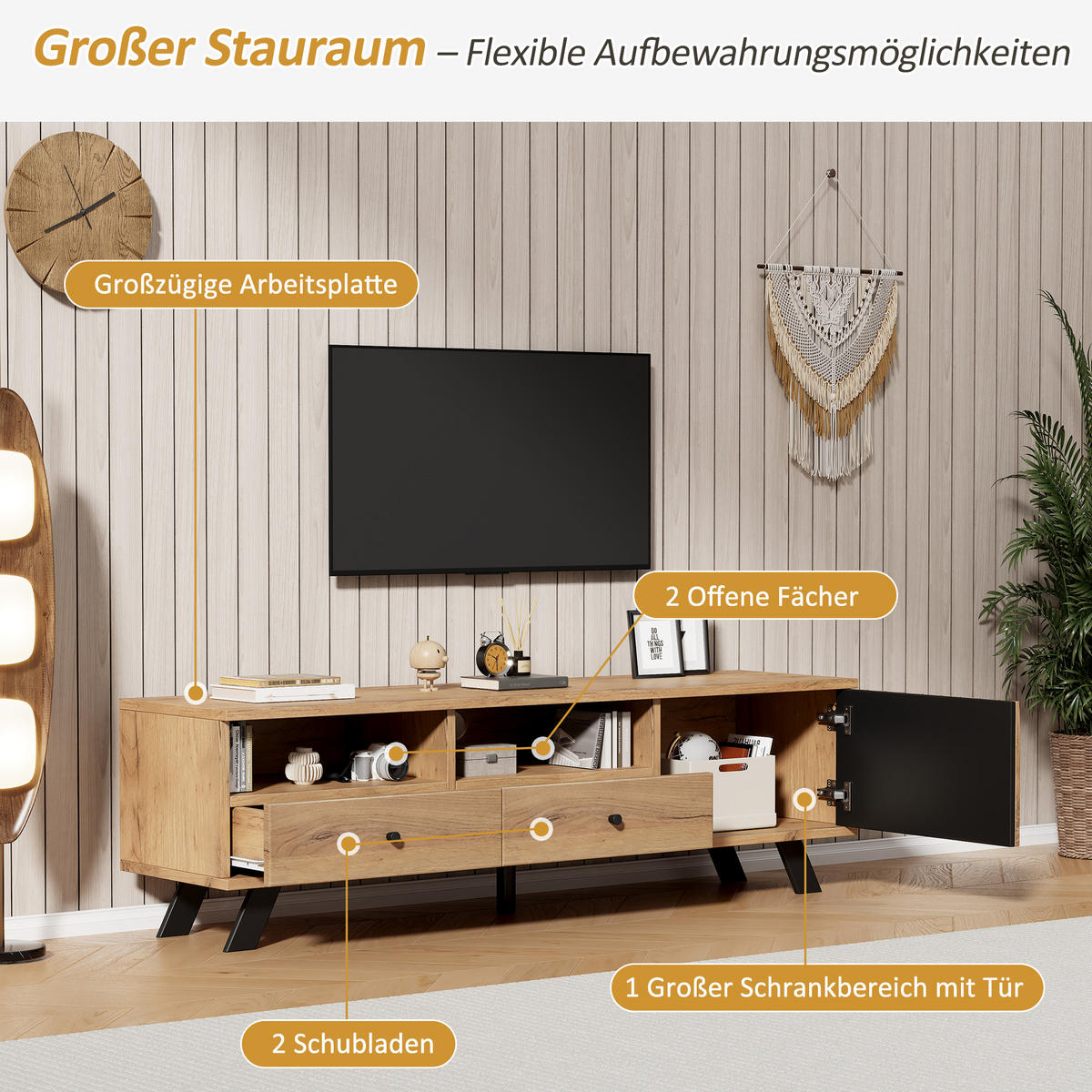 TV-LOWBOARD 150x38x44 cm Holz 2 Schubladen 1 Schrank Stauraum - Naturfarben, Holzwerkstoff (38/44/150cm) - FLIEKS
