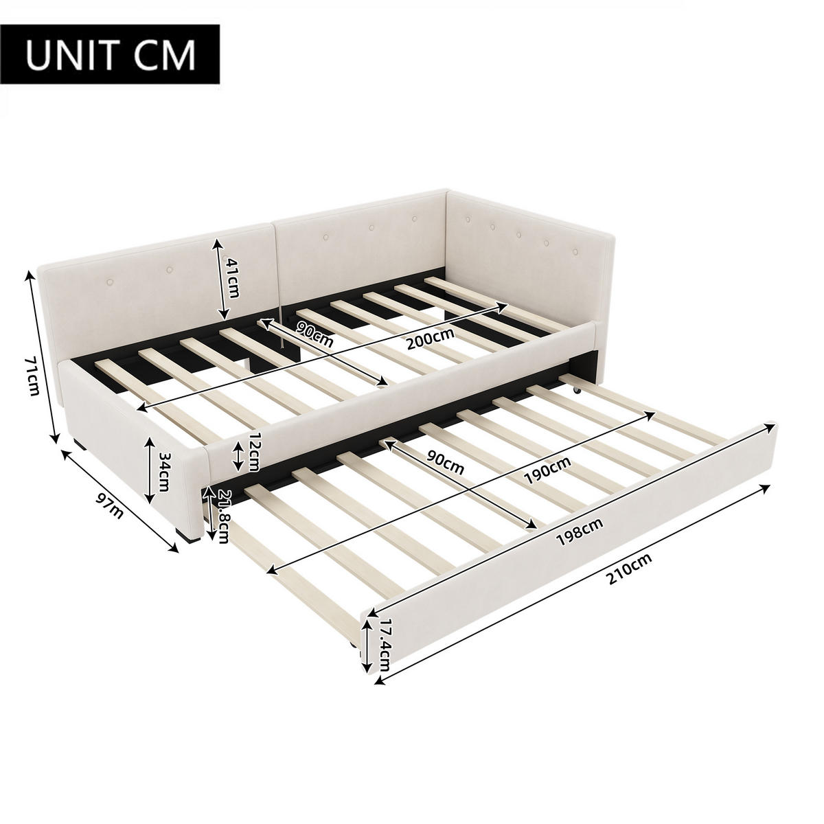 TAGEBETT 90x200cm Beige mit Rollbett minimalistisch - Beige, Holz (90/200cm) - FLIEKS