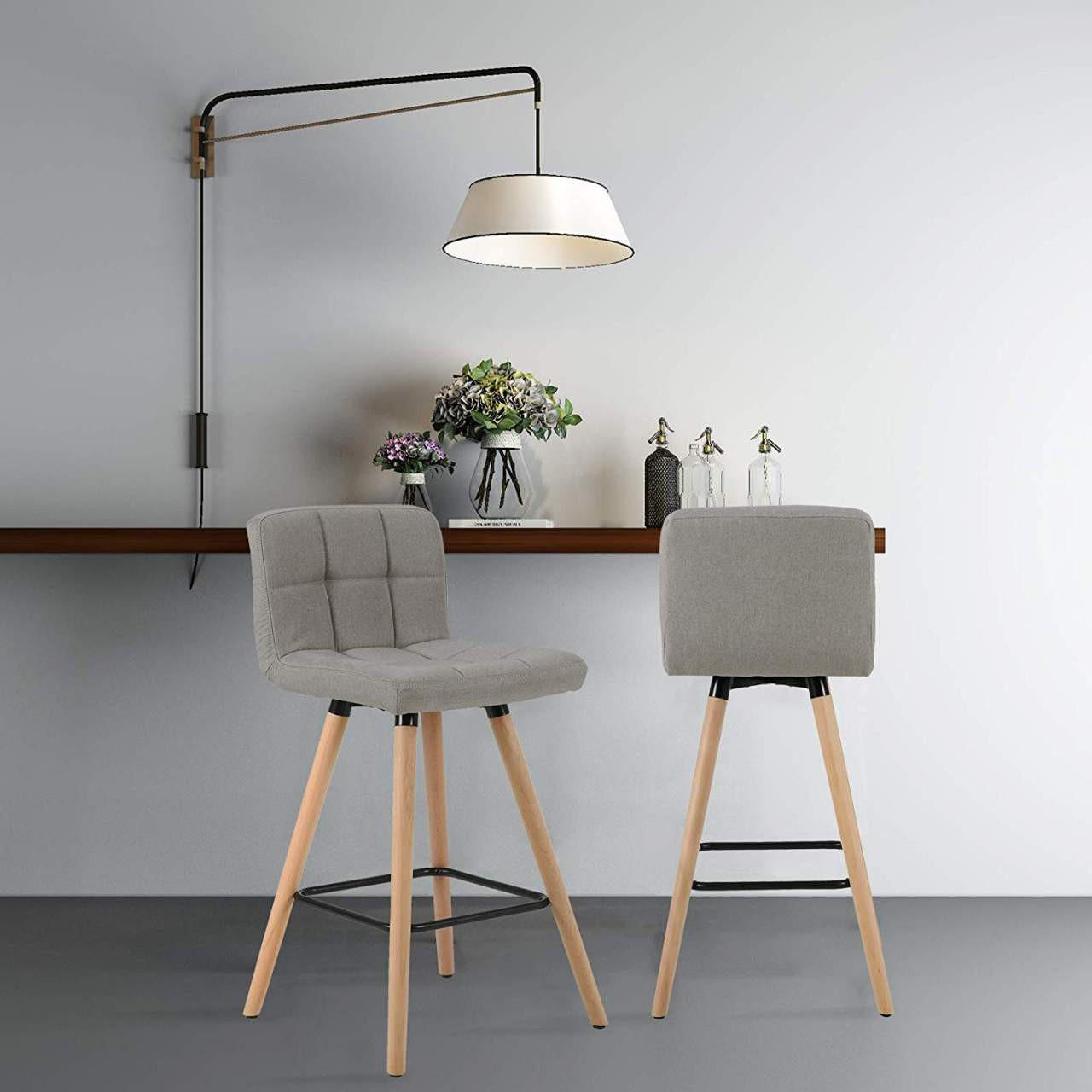 BARHOCKER 2er Set, Massivholz, Leinen, Hellgrau - Hellgrau/Naturfarben, Holz/Textil (46/96/46cm) - Woltu