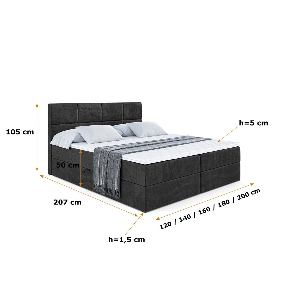BOXBETT mit Matratze H4 und Lattenrost - ARDENI - 200x200 cm - H4 - Schwarz - Schwarz, Holzwerkstoff (200/200cm) - ALTDECOR