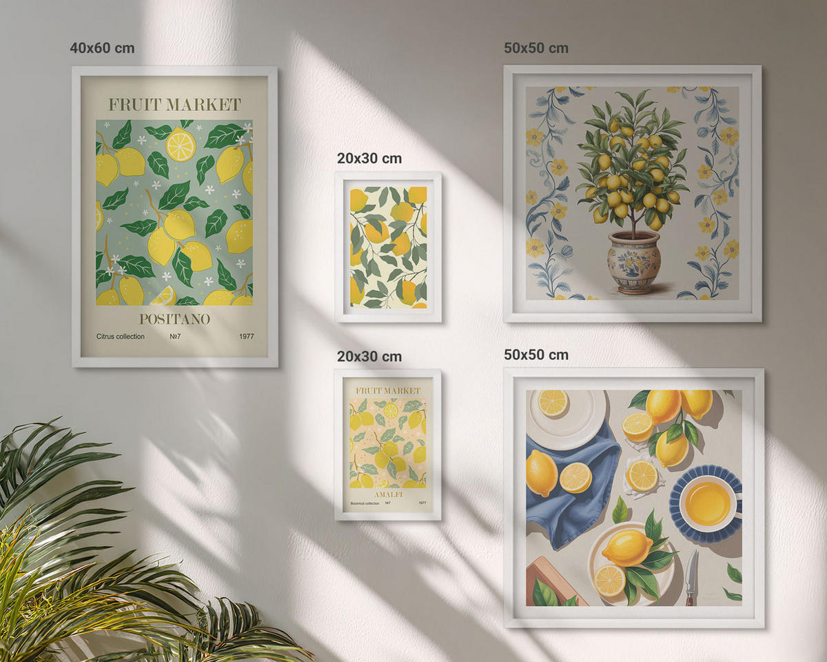 BILDER SET 5er Set - 50x50 cm & 20x30 cm & 40x60 cm Weißer Rahmen - Zitronenbäume in der Sonne - Weiß, Kunststoff (40/60cm) - TULUP